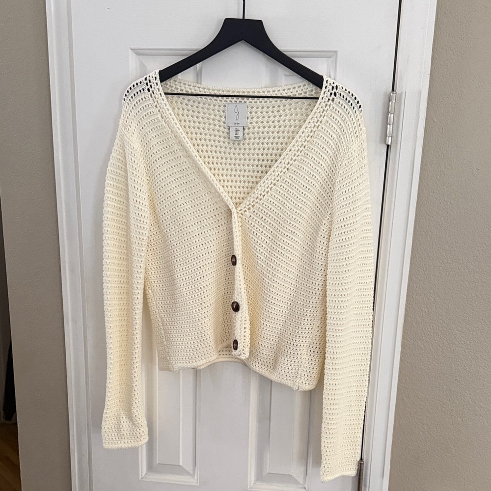 Joie Cream Open Stitch 100% Cotton V-Neck Button-Up Cardigan Sweater Large